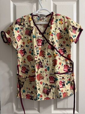 UA Scrubs Cream Thanksgiving Print Short Sleeve Top with Burgundy Trim